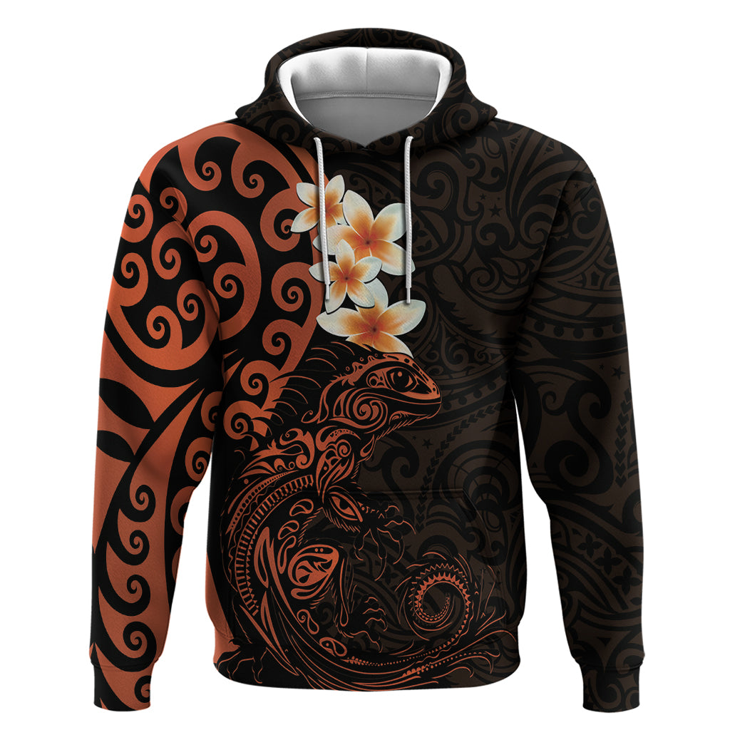 New Zealand Tuatara Plumeria Hoodie Maori Orange Koru Tribal Tattoo