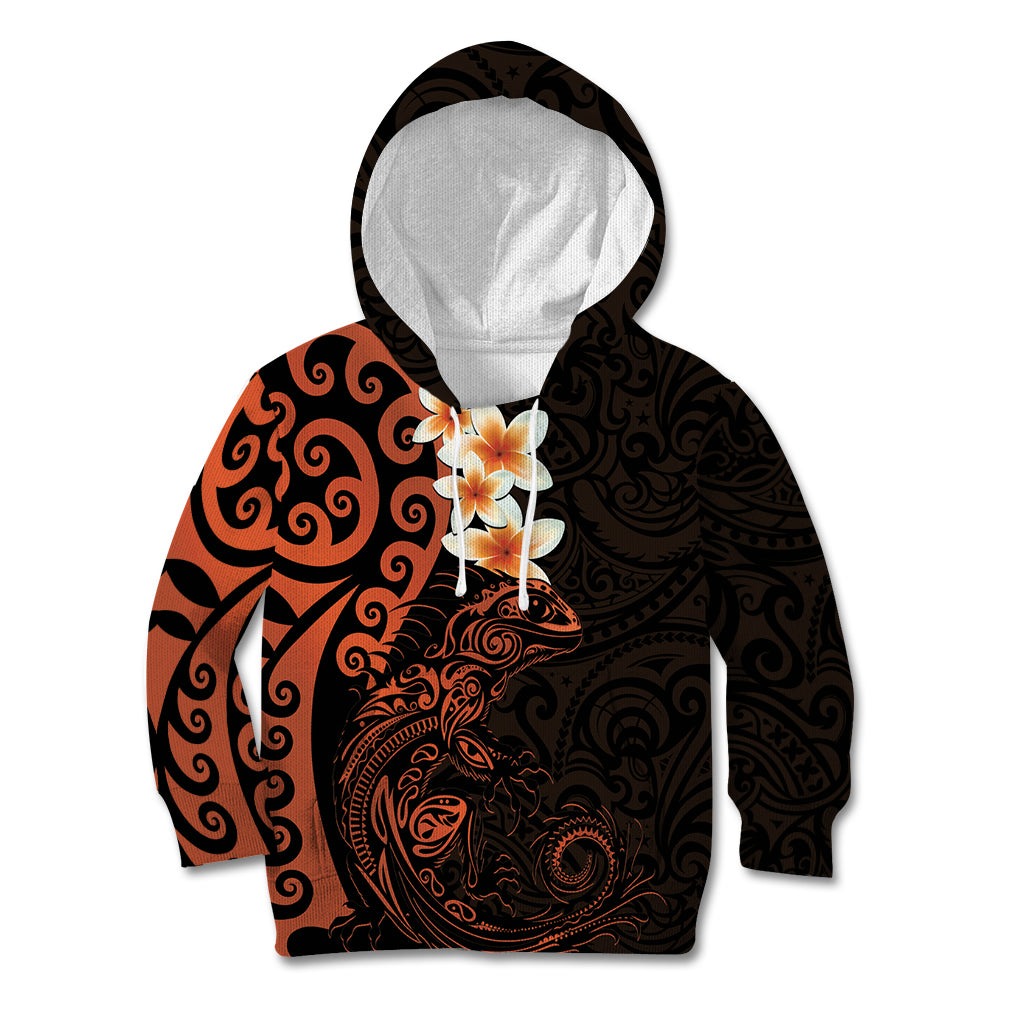 New Zealand Tuatara Plumeria Kid Hoodie Maori Orange Koru Tribal Tattoo