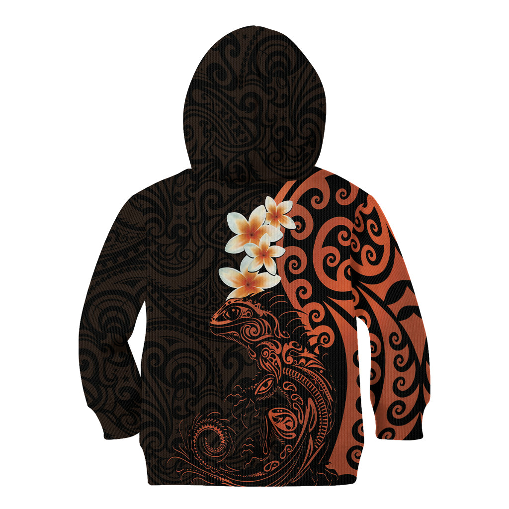 New Zealand Tuatara Plumeria Kid Hoodie Maori Orange Koru Tribal Tattoo