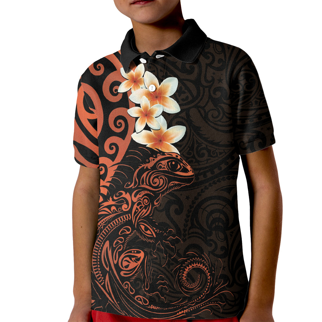 New Zealand Tuatara Plumeria Kid Polo Shirt Maori Orange Koru Tribal Tattoo