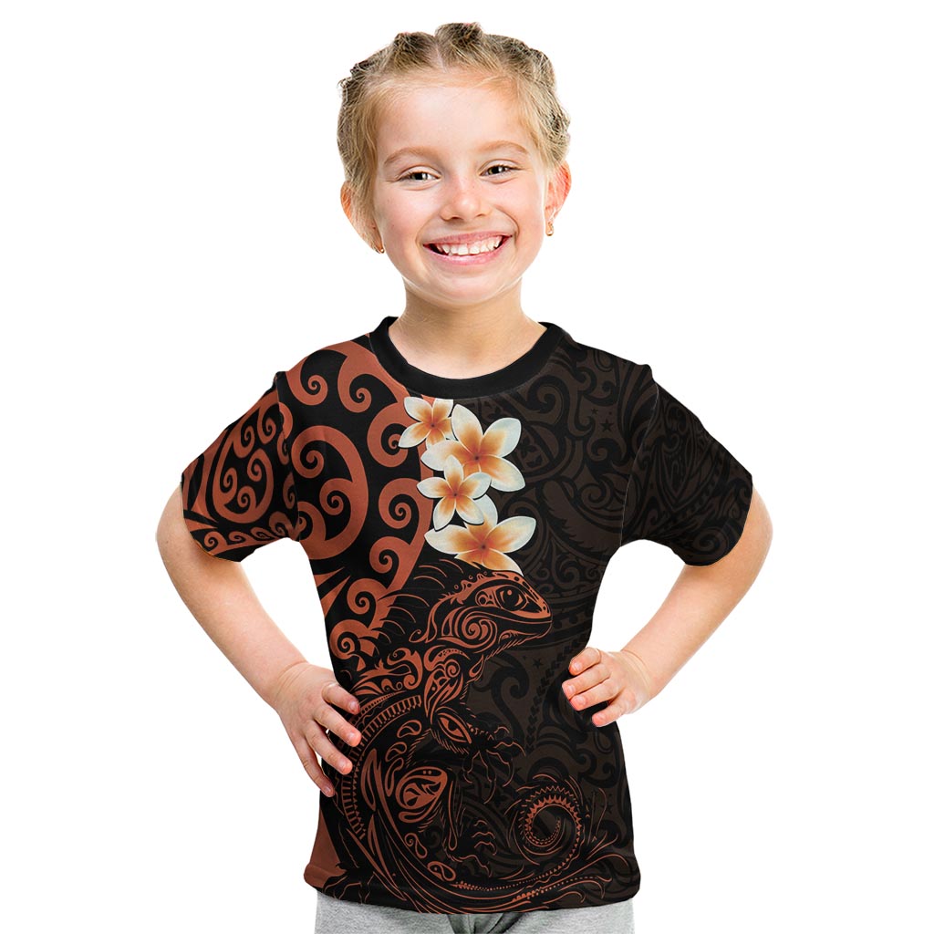 New Zealand Tuatara Plumeria Kid T Shirt Maori Orange Koru Tribal Tattoo