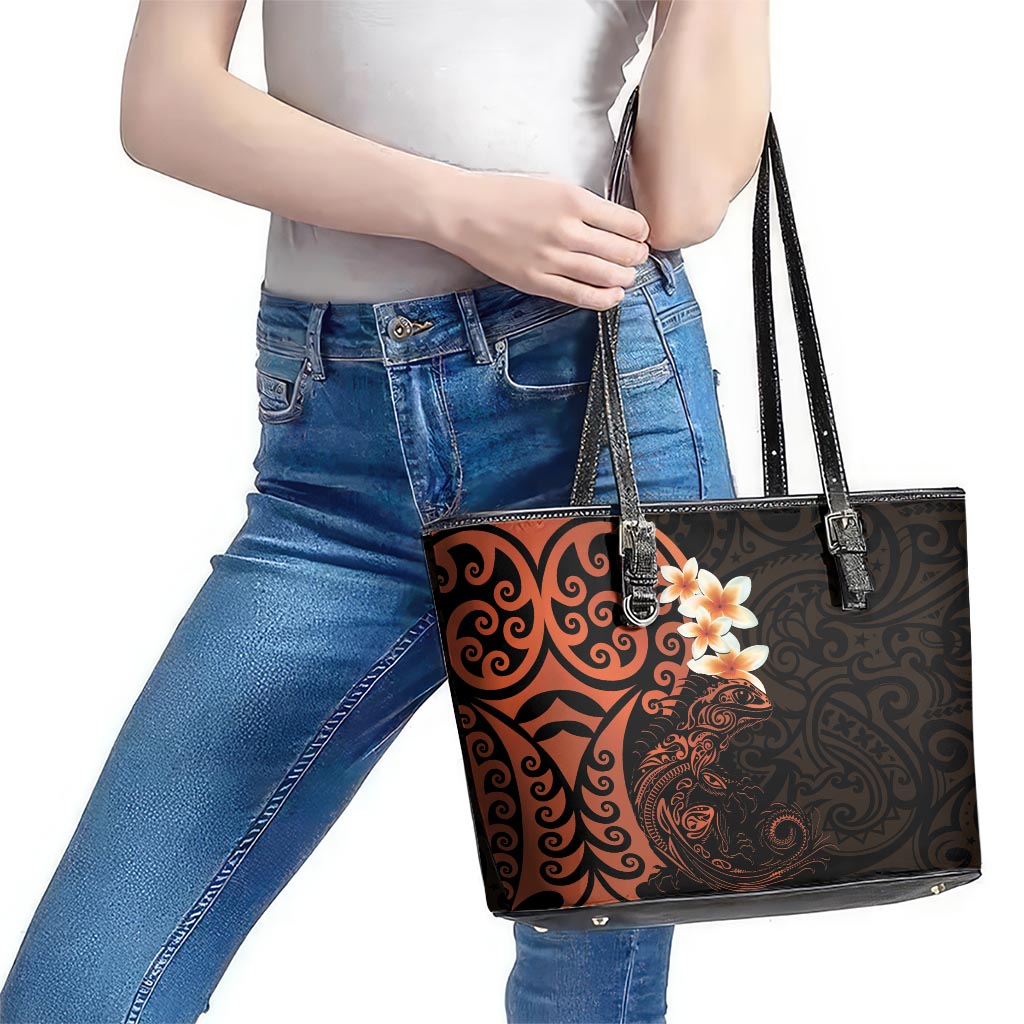 New Zealand Tuatara Plumeria Leather Tote Bag Maori Orange Koru Tribal Tattoo