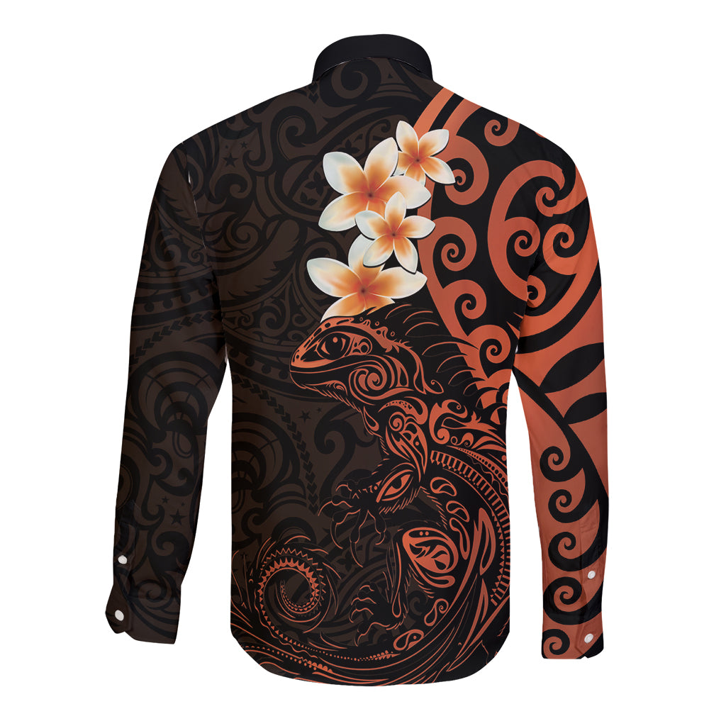 New Zealand Tuatara Plumeria Long Sleeve Button Shirt Maori Orange Koru Tribal Tattoo