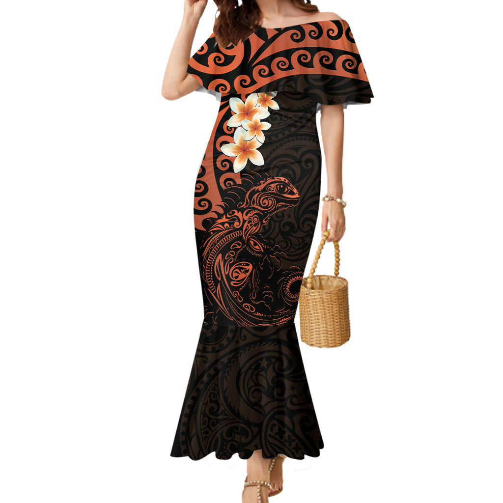 New Zealand Tuatara Plumeria Mermaid Dress Maori Orange Koru Tribal Tattoo