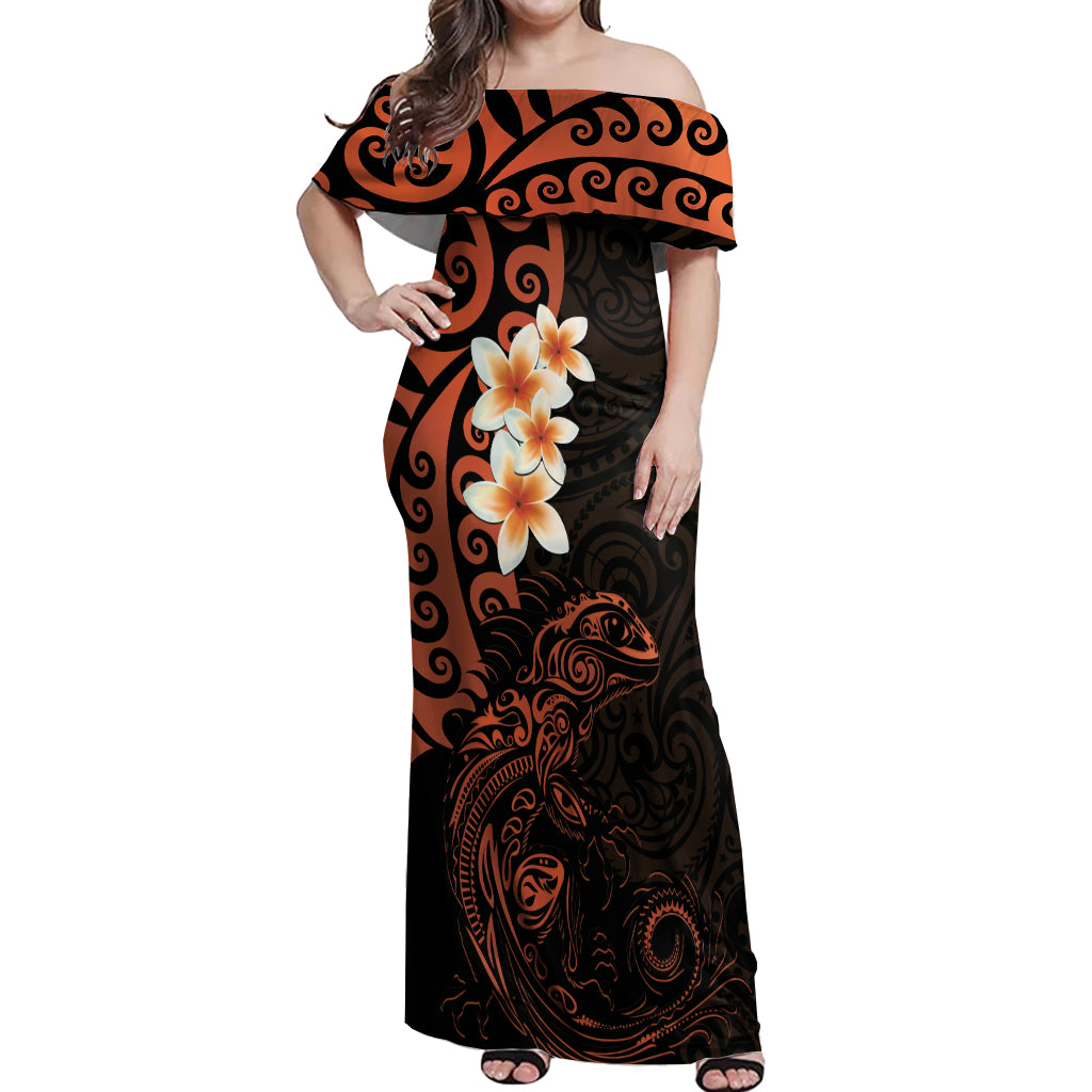 New Zealand Tuatara Plumeria Off Shoulder Maxi Dress Maori Orange Koru Tribal Tattoo