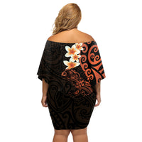 New Zealand Tuatara Plumeria Off Shoulder Short Dress Maori Orange Koru Tribal Tattoo