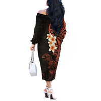 New Zealand Tuatara Plumeria Off The Shoulder Long Sleeve Dress Maori Orange Koru Tribal Tattoo