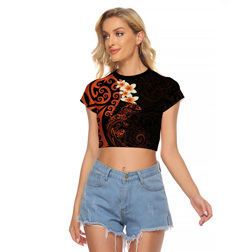 New Zealand Tuatara Plumeria Raglan Cropped T Shirt Maori Orange Koru Tribal Tattoo