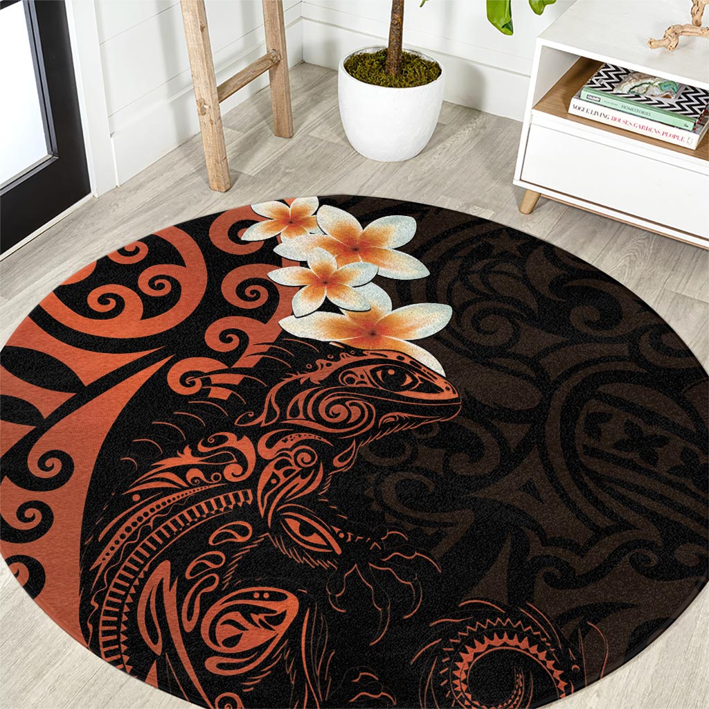 New Zealand Tuatara Plumeria Round Carpet Maori Orange Koru Tribal Tattoo