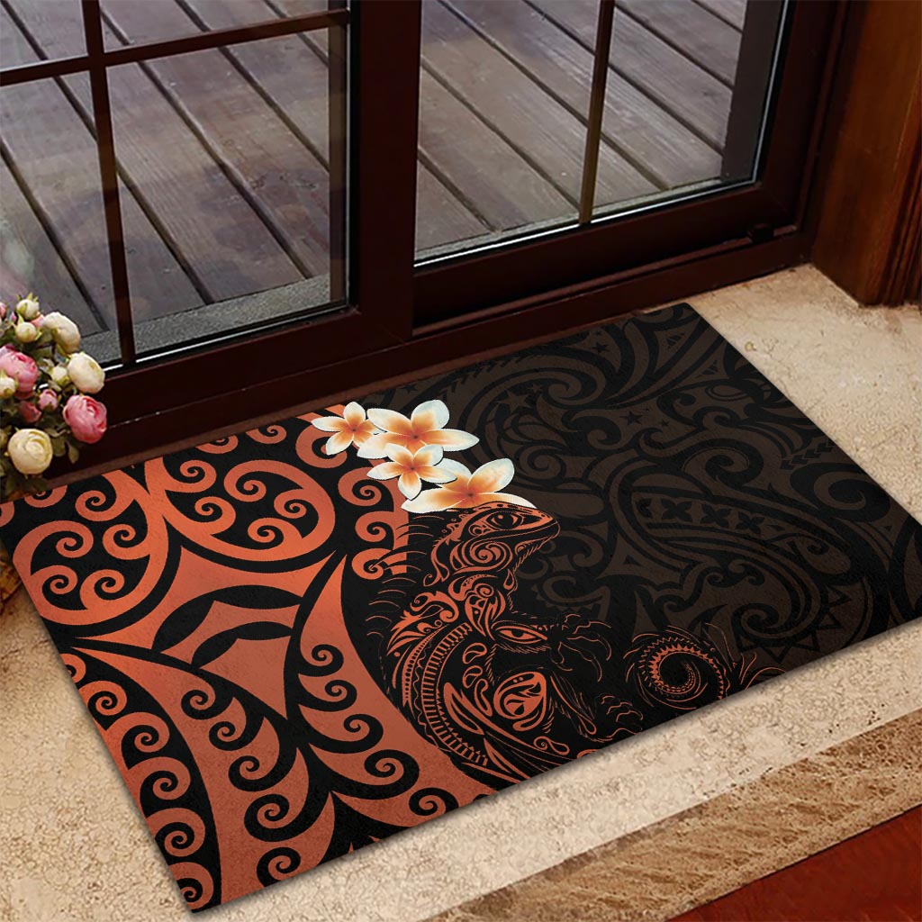 New Zealand Tuatara Plumeria Rubber Doormat Maori Orange Koru Tribal Tattoo
