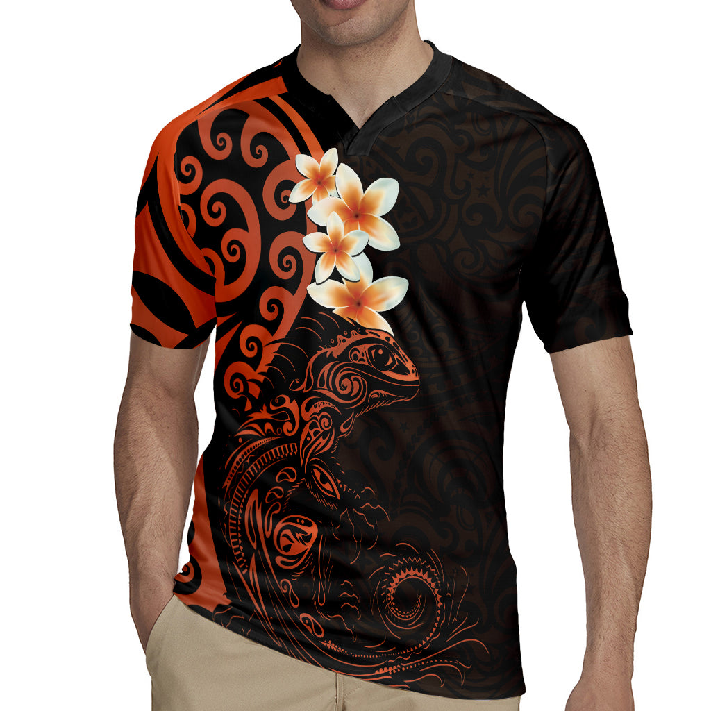 New Zealand Tuatara Plumeria Rugby Jersey Maori Orange Koru Tribal Tattoo