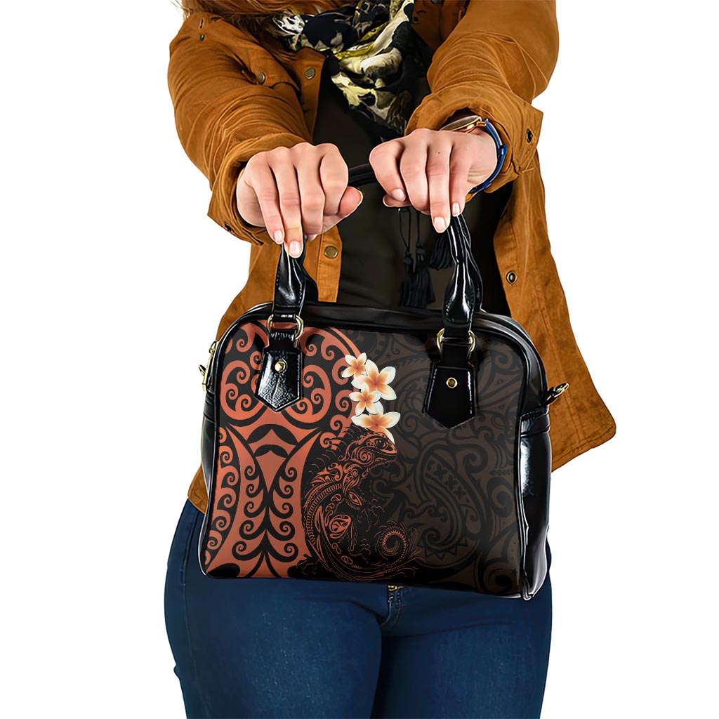 New Zealand Tuatara Plumeria Shoulder Handbag Maori Orange Koru Tribal Tattoo