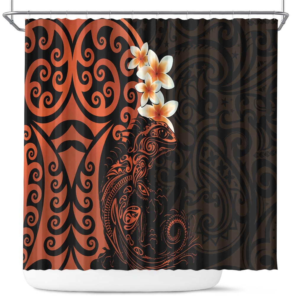 New Zealand Tuatara Plumeria Shower Curtain Maori Orange Koru Tribal Tattoo