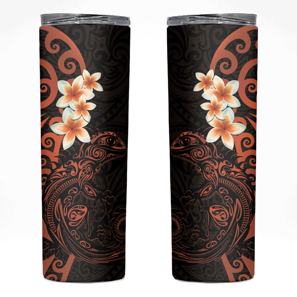 New Zealand Tuatara Plumeria Skinny Tumbler Maori Orange Koru Tribal Tattoo