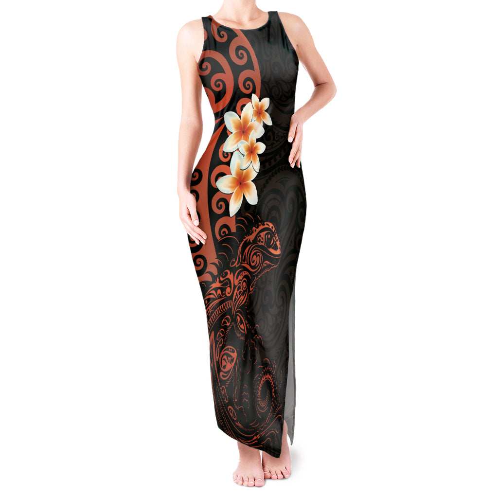 New Zealand Tuatara Plumeria Tank Maxi Dress Maori Orange Koru Tribal Tattoo