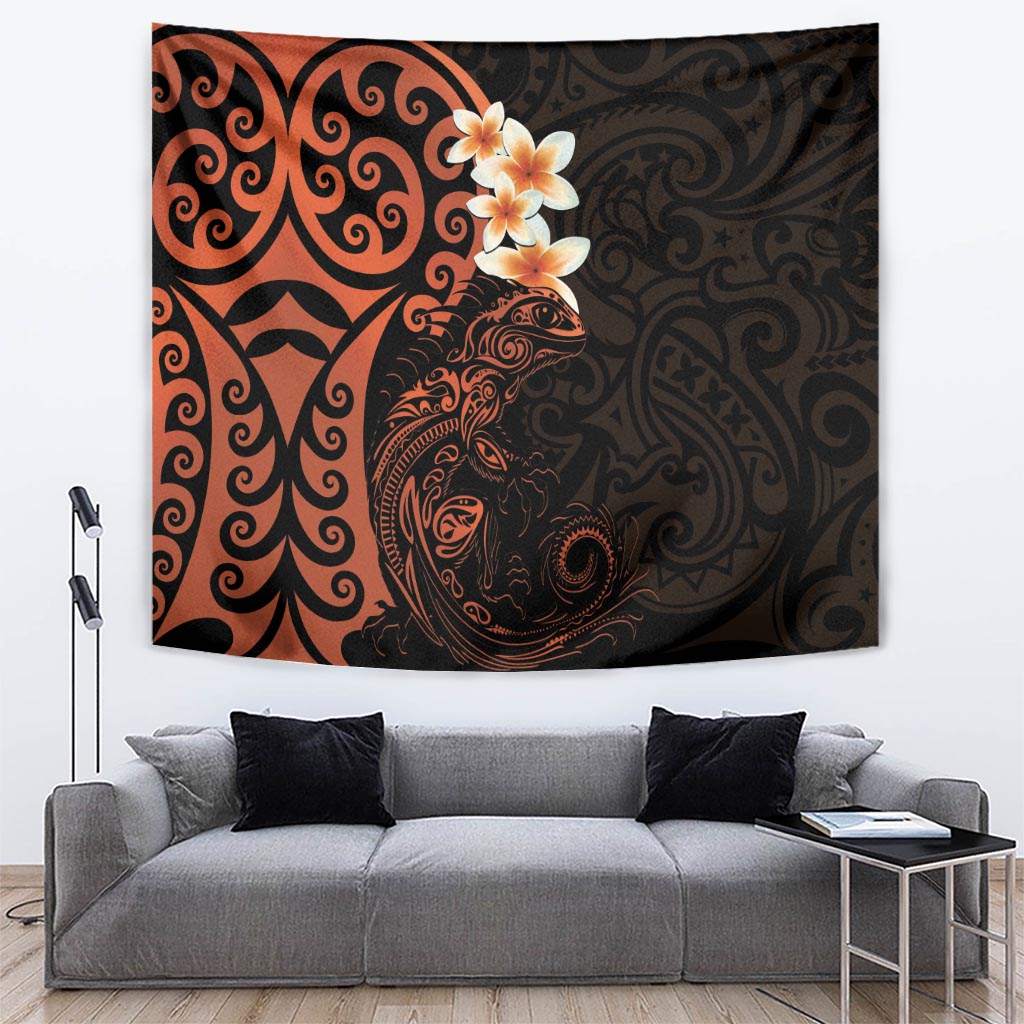 New Zealand Tuatara Plumeria Tapestry Maori Orange Koru Tribal Tattoo