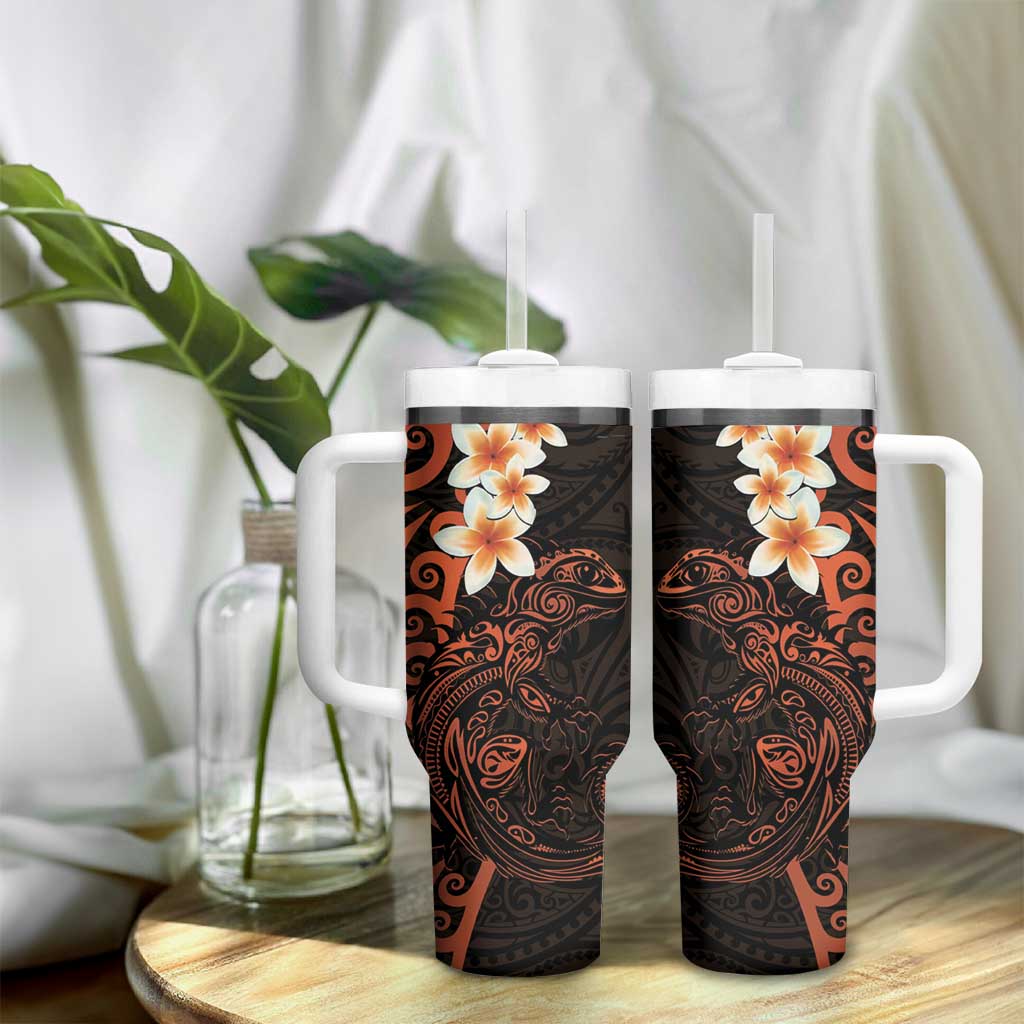 New Zealand Tuatara Plumeria Tumbler With Handle Maori Orange Koru Tribal Tattoo