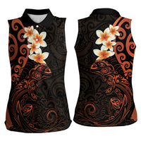 New Zealand Tuatara Plumeria Women Sleeveless Polo Shirt Maori Orange Koru Tribal Tattoo
