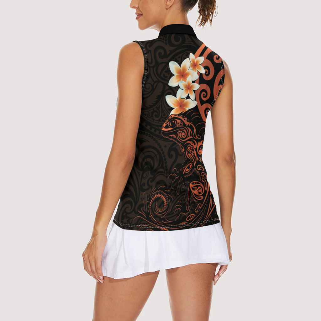 New Zealand Tuatara Plumeria Women Sleeveless Polo Shirt Maori Orange Koru Tribal Tattoo