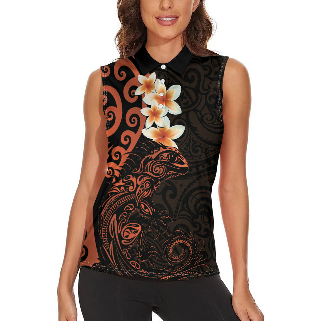 New Zealand Tuatara Plumeria Women Sleeveless Polo Shirt Maori Orange Koru Tribal Tattoo