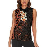 New Zealand Tuatara Plumeria Women Sleeveless Polo Shirt Maori Orange Koru Tribal Tattoo