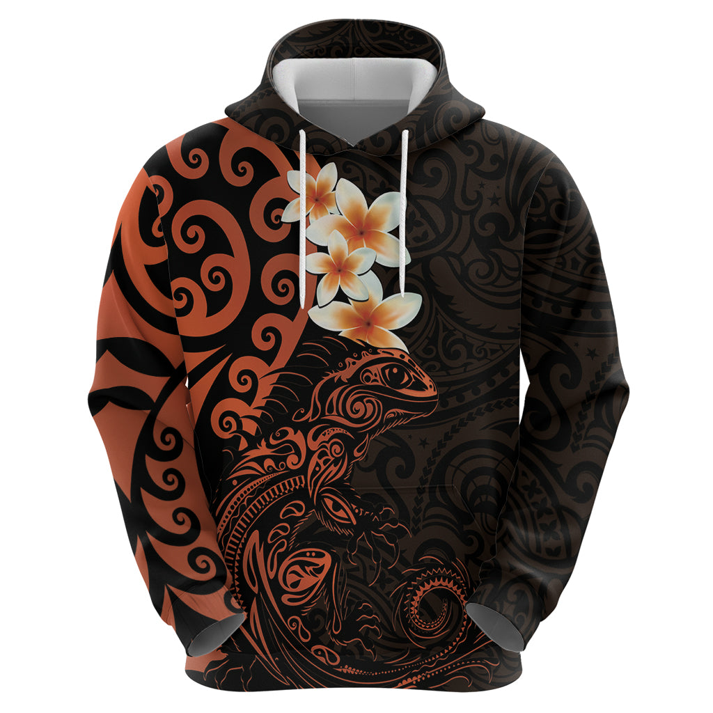 New Zealand Tuatara Plumeria Zip Hoodie Maori Orange Koru Tribal Tattoo