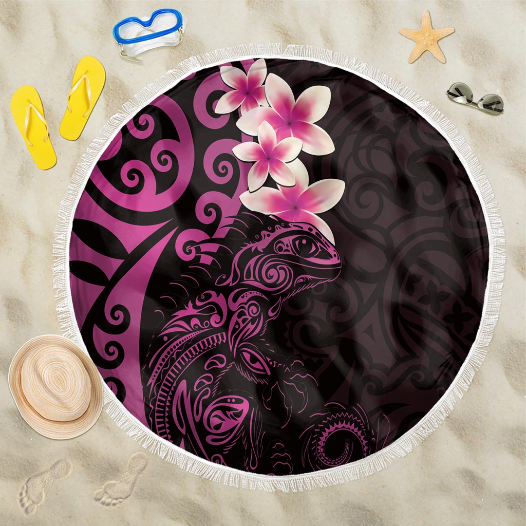 New Zealand Tuatara Plumeria Beach Blanket Maori Pink Koru Tribal Tattoo