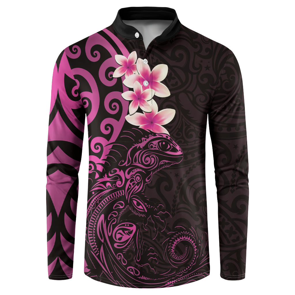 New Zealand Tuatara Plumeria Button Sweatshirt Maori Pink Koru Tribal Tattoo LT01 Pink - Polynesian Pride