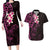 New Zealand Tuatara Plumeria Couples Matching Long Sleeve Bodycon Dress and Hawaiian Shirt Maori Pink Koru Tribal Tattoo