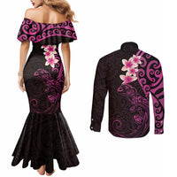 New Zealand Tuatara Plumeria Couples Matching Mermaid Dress and Long Sleeve Button Shirt Maori Pink Koru Tribal Tattoo