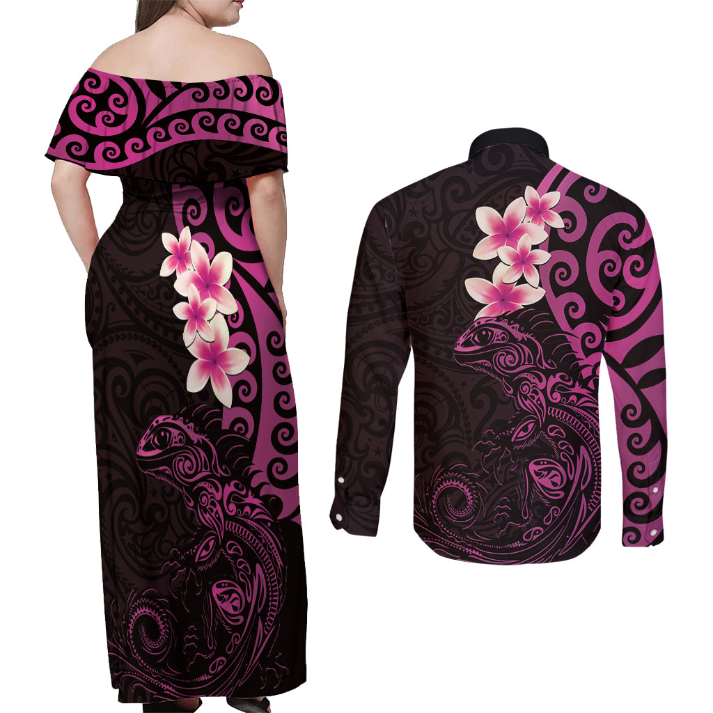 New Zealand Tuatara Plumeria Couples Matching Off Shoulder Maxi Dress and Long Sleeve Button Shirt Maori Pink Koru Tribal Tattoo