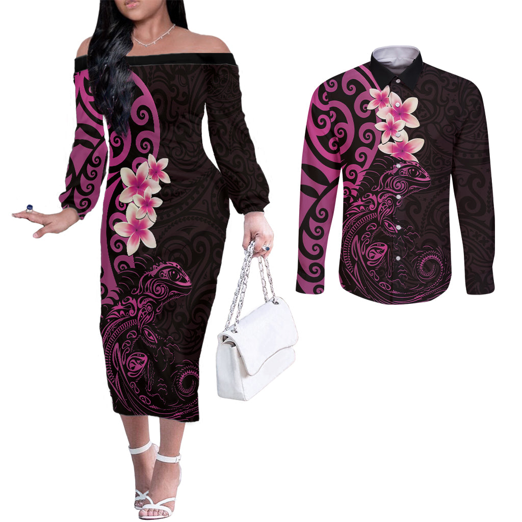 New Zealand Tuatara Plumeria Couples Matching Off The Shoulder Long Sleeve Dress and Long Sleeve Button Shirt Maori Pink Koru Tribal Tattoo