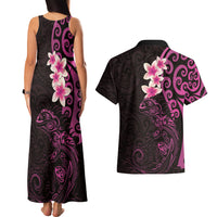 New Zealand Tuatara Plumeria Couples Matching Tank Maxi Dress and Hawaiian Shirt Maori Pink Koru Tribal Tattoo