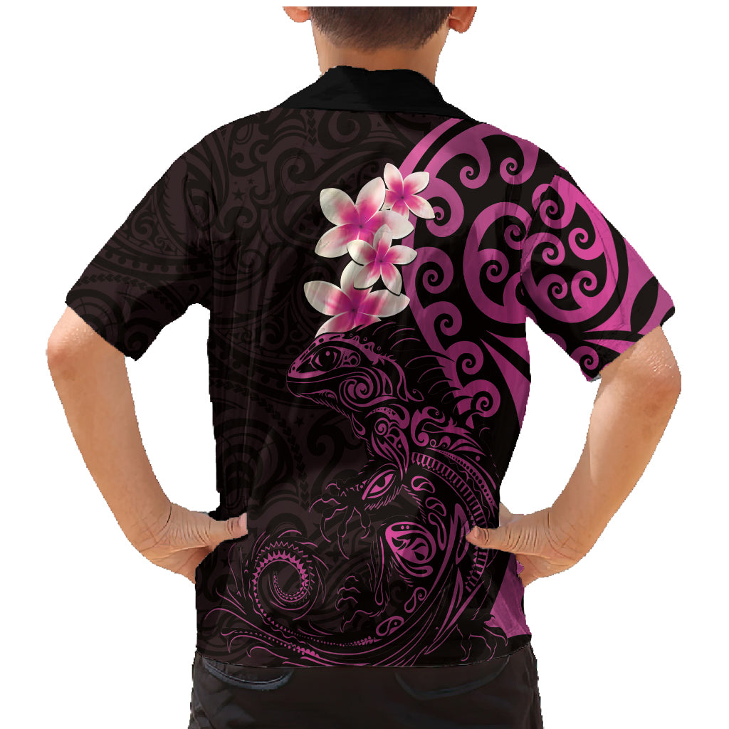 New Zealand Tuatara Plumeria Family Matching Mermaid Dress and Hawaiian Shirt Maori Pink Koru Tribal Tattoo