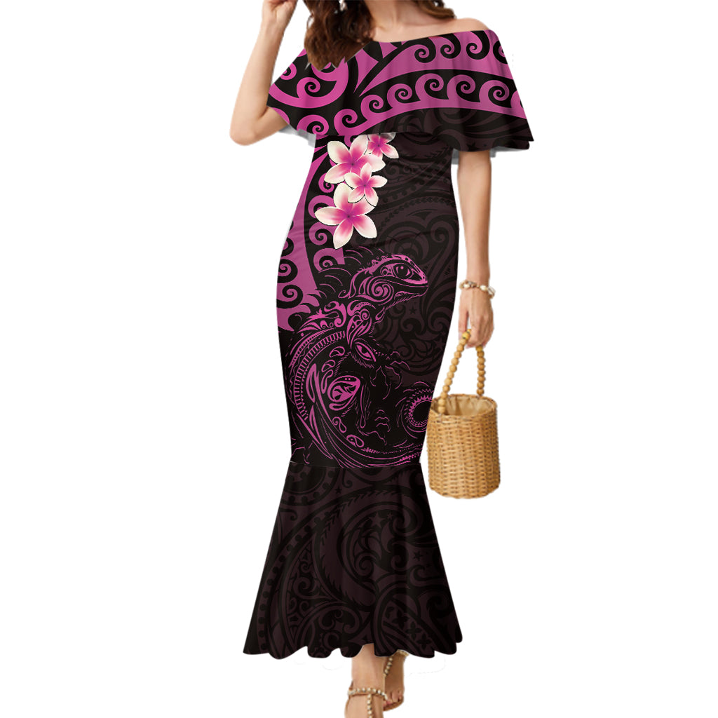 New Zealand Tuatara Plumeria Family Matching Mermaid Dress and Hawaiian Shirt Maori Pink Koru Tribal Tattoo