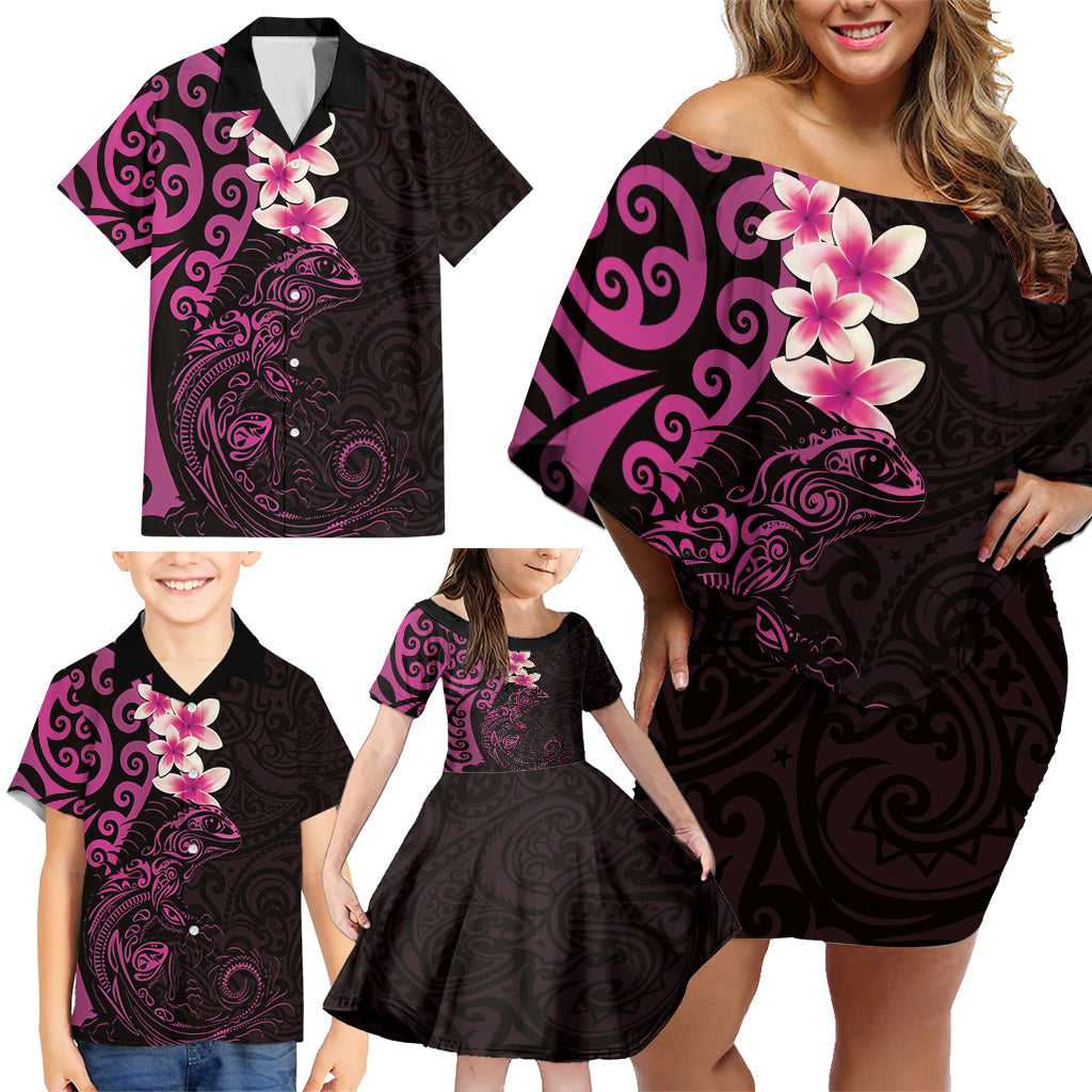 New Zealand Tuatara Plumeria Family Matching Off Shoulder Short Dress and Hawaiian Shirt Maori Pink Koru Tribal Tattoo