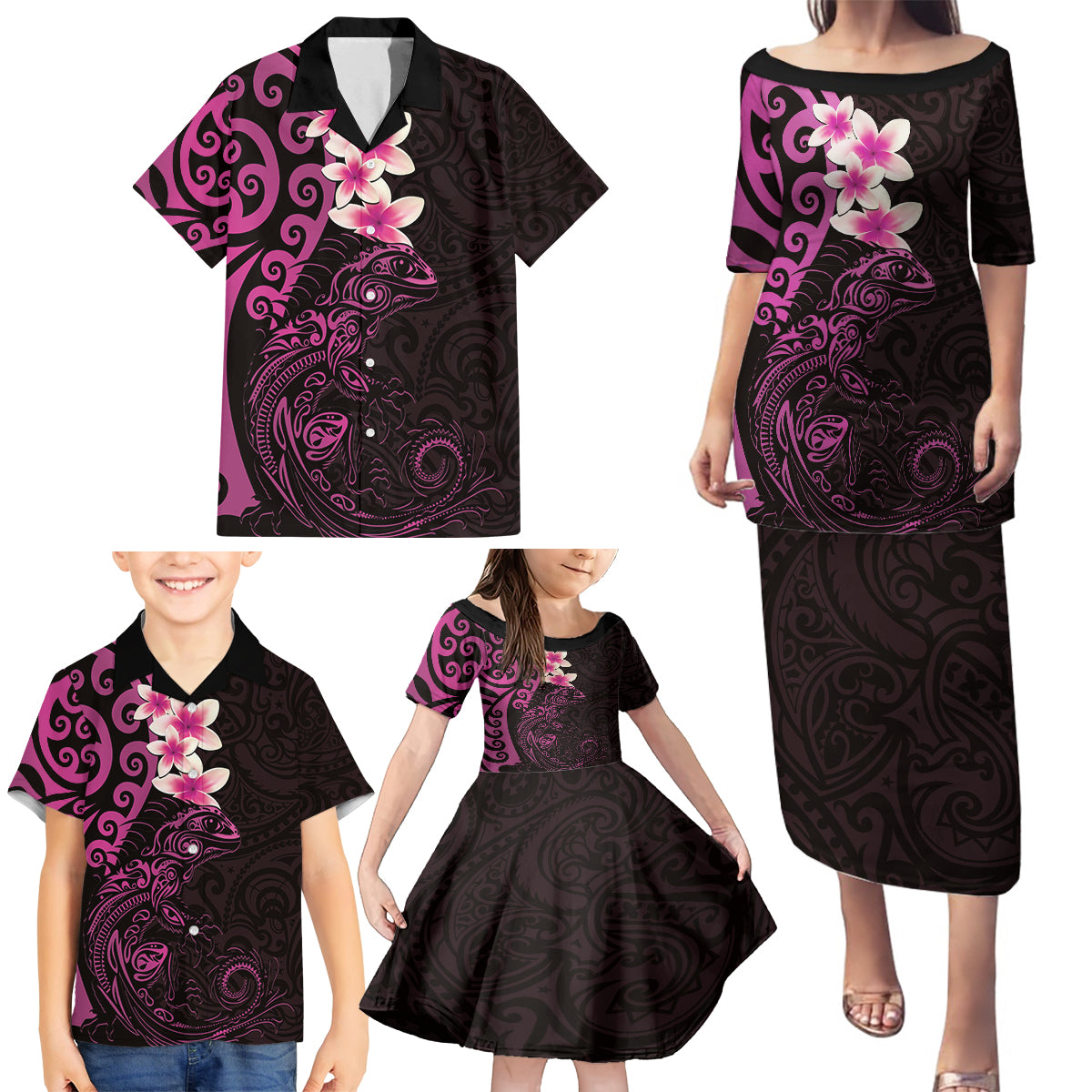 New Zealand Tuatara Plumeria Family Matching Puletasi and Hawaiian Shirt Maori Pink Koru Tribal Tattoo