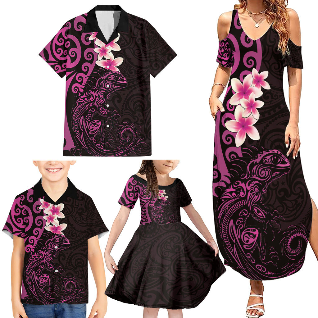 New Zealand Tuatara Plumeria Family Matching Summer Maxi Dress and Hawaiian Shirt Maori Pink Koru Tribal Tattoo