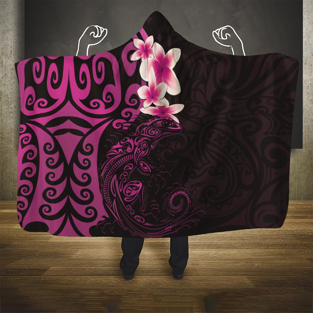 New Zealand Tuatara Plumeria Hooded Blanket Maori Pink Koru Tribal Tattoo LT01 One Size Pink - Polynesian Pride
