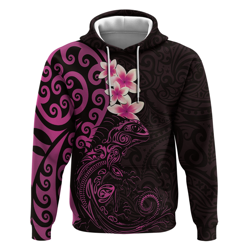 New Zealand Tuatara Plumeria Hoodie Maori Pink Koru Tribal Tattoo