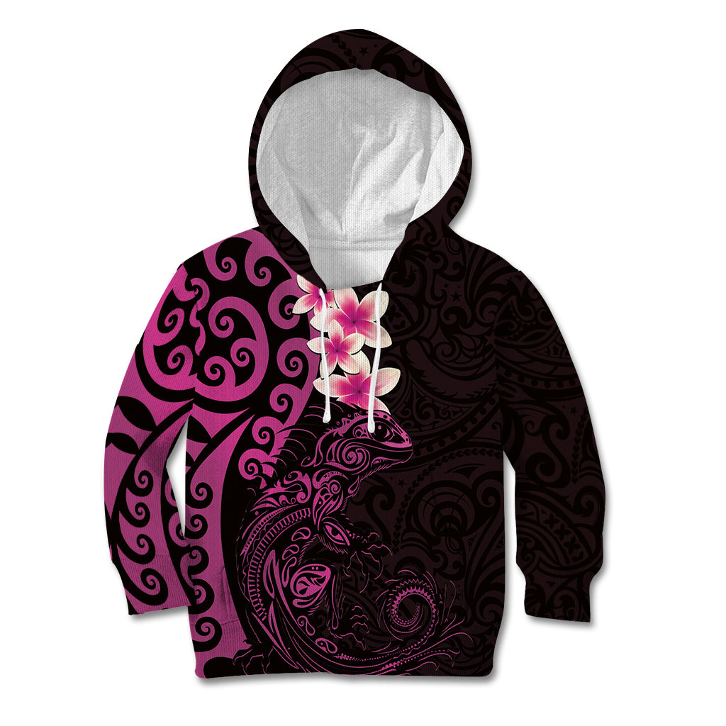 New Zealand Tuatara Plumeria Kid Hoodie Maori Pink Koru Tribal Tattoo