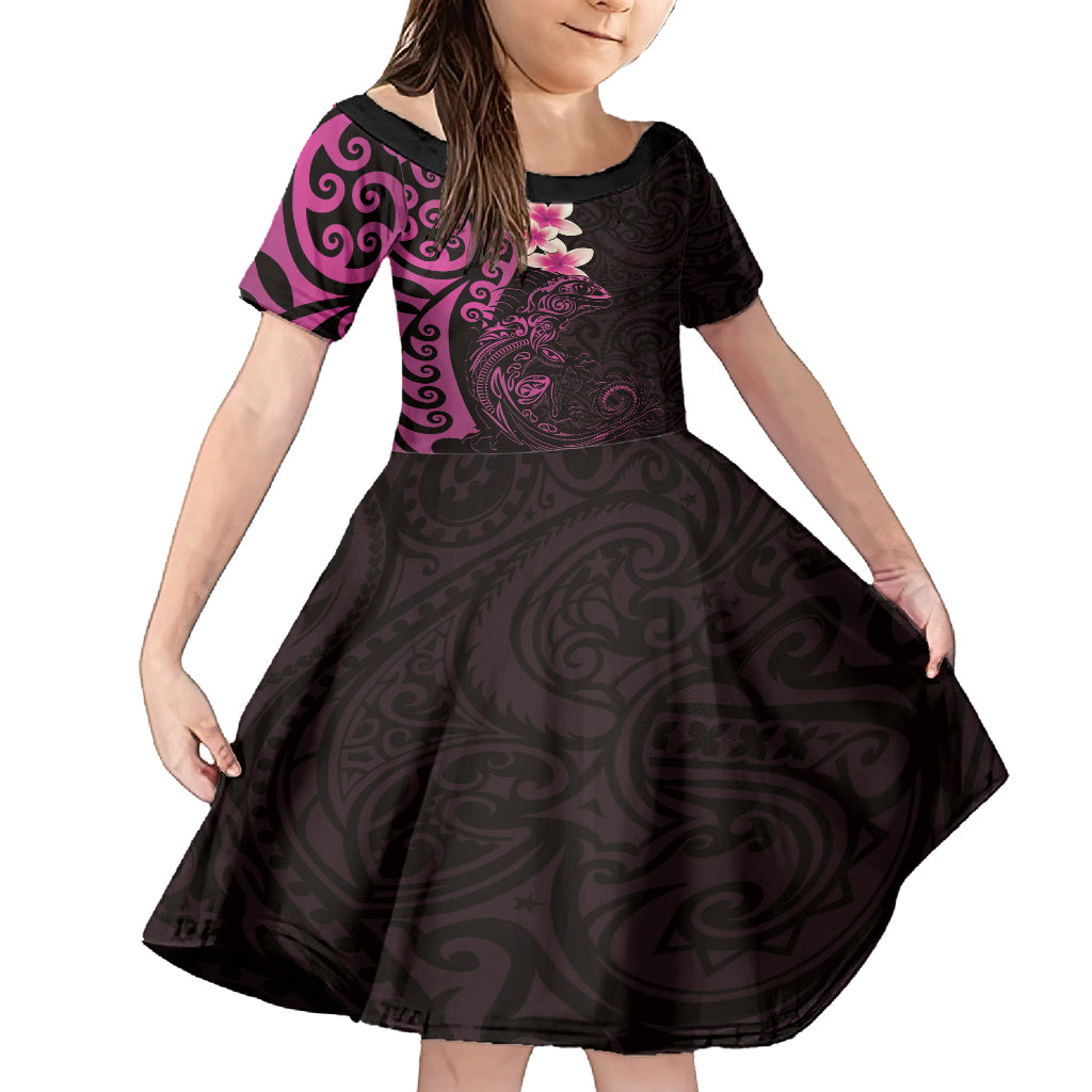 New Zealand Tuatara Plumeria Kid Short Sleeve Dress Maori Pink Koru Tribal Tattoo