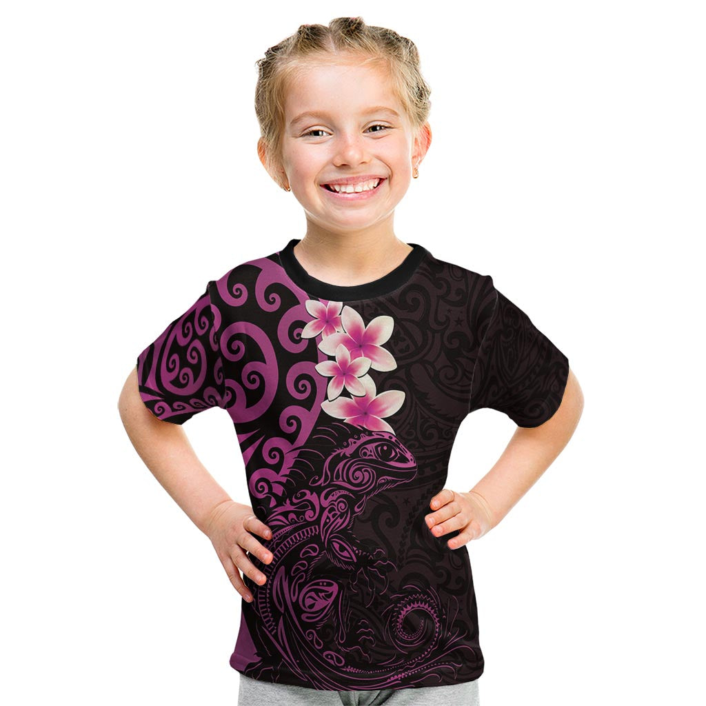 New Zealand Tuatara Plumeria Kid T Shirt Maori Pink Koru Tribal Tattoo