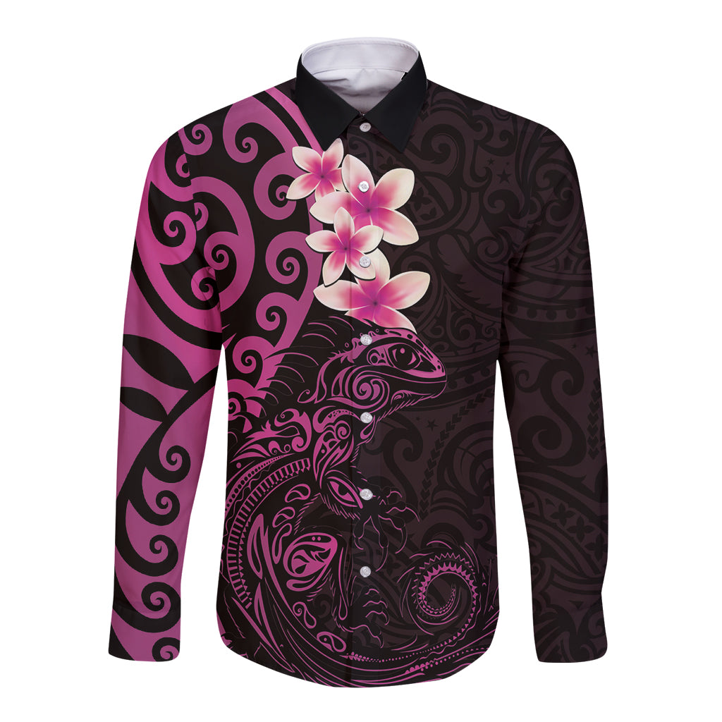 New Zealand Tuatara Plumeria Long Sleeve Button Shirt Maori Pink Koru Tribal Tattoo
