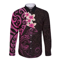 New Zealand Tuatara Plumeria Long Sleeve Button Shirt Maori Pink Koru Tribal Tattoo