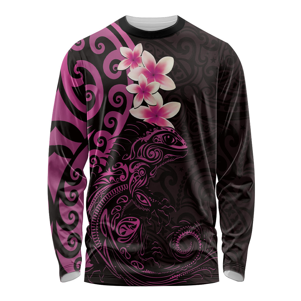 New Zealand Tuatara Plumeria Long Sleeve Shirt Maori Pink Koru Tribal Tattoo