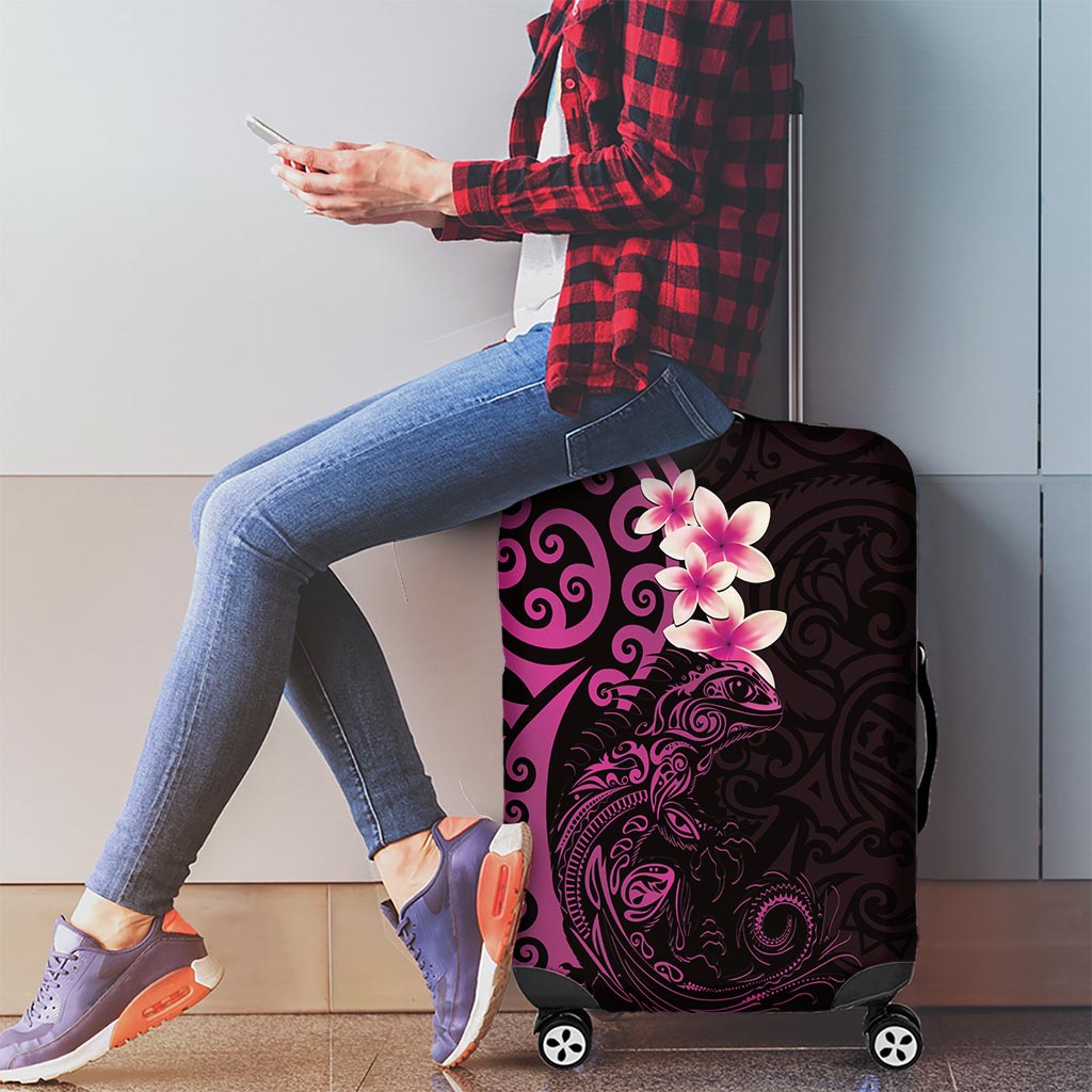 New Zealand Tuatara Plumeria Luggage Cover Maori Pink Koru Tribal Tattoo