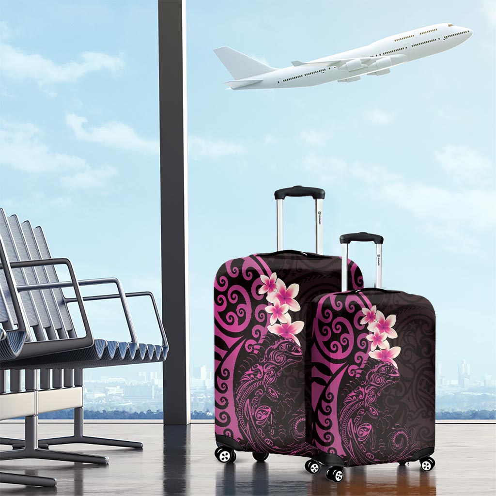 New Zealand Tuatara Plumeria Luggage Cover Maori Pink Koru Tribal Tattoo