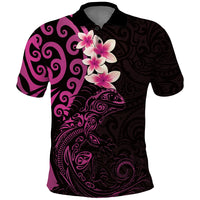 New Zealand Tuatara Plumeria Polo Shirt Maori Pink Koru Tribal Tattoo