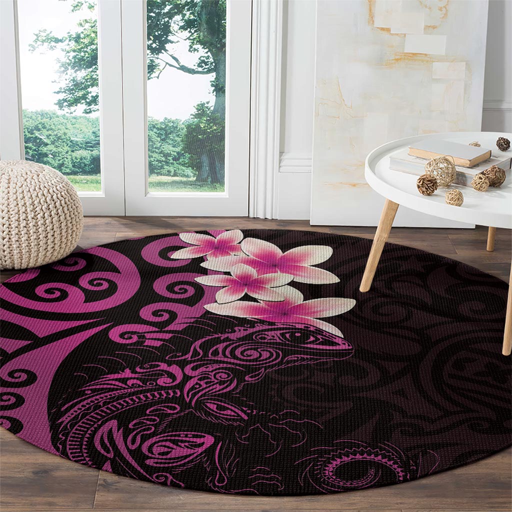 New Zealand Tuatara Plumeria Round Carpet Maori Pink Koru Tribal Tattoo